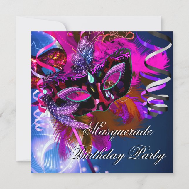 Invitation Masque de soirée masquée d'anniversaire bleu rose (Devant)