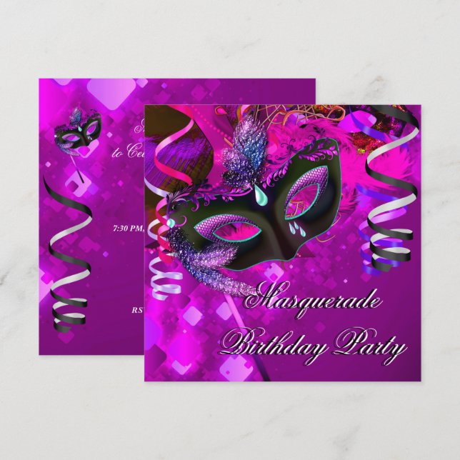 Invitation Masque de soirée masquée d'anniversaire Violet Ros (Devant / Derrière)