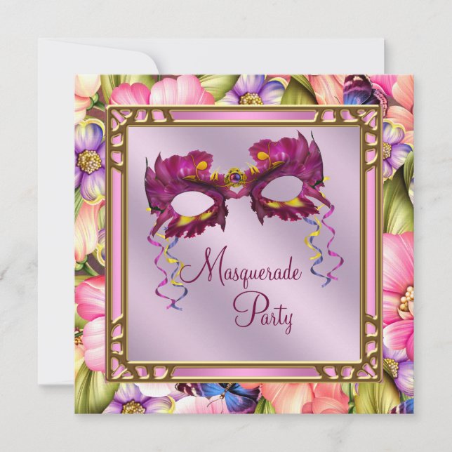 Invitation Masque de soirée rose or rose violet Fête de masqu (Devant)