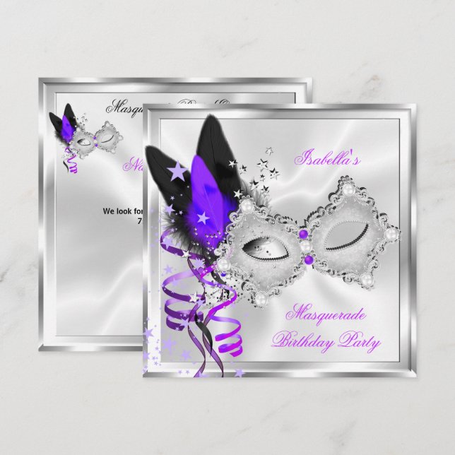 Invitation Masque de soirée Violet Argent Noir Masque 2 (Devant / Derrière)