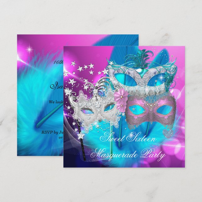 Invitation Masque de Sweet 16 Rose Violet Bleu Vert Masquerad (Devant / Derrière)