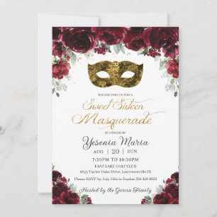Invitation Masque de Sweet sixteen d'or Floral Bourgogne