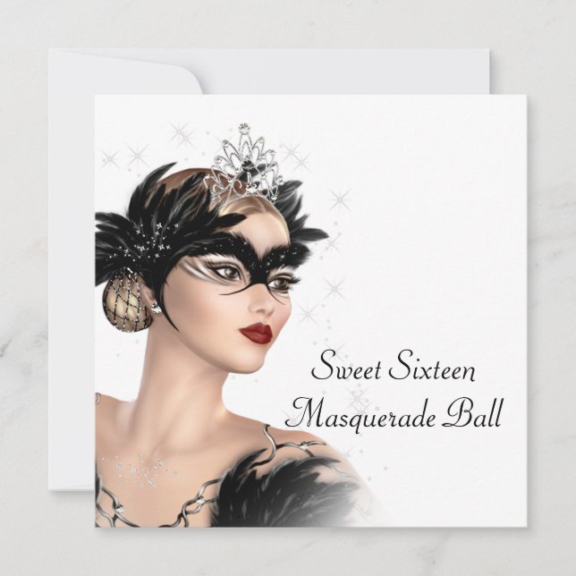 Invitation Masque de Tiara Noir Blanc Sweet 16 Bal Masqué (Devant)
