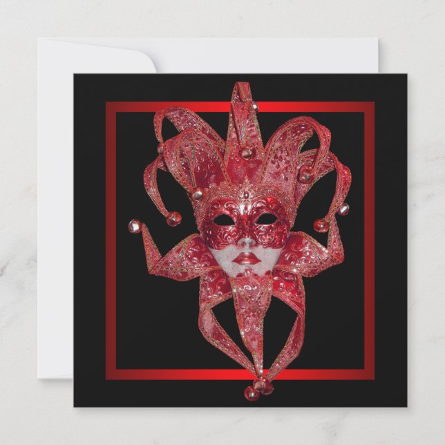 Invitation Masque de Venise rouge pour soirée masquée de Mard (Devant)