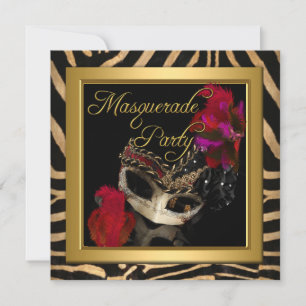 Invitation Masque de Zèbre de Mascarade Rouge Or Anniversaire