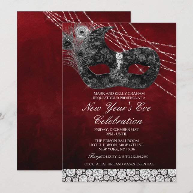 Invitation Masque Dentelle Diamant Nouvel An (Devant / Derrière)