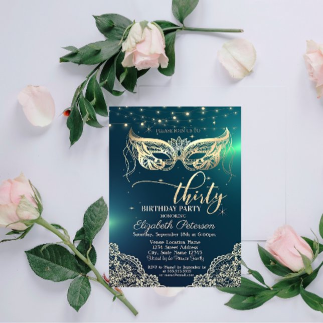 Invitation Masque, Dentelle, Diamants Vert Fête d'anniversair (Créateur téléchargé)