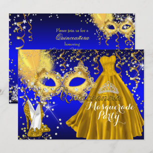 Invitation Masque Diadème Mascarade Quinceanera Or Bleu