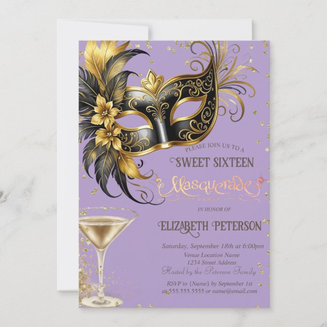 Invitation Masque Diamonds Champagne Lavande Sweet 16   (Devant)