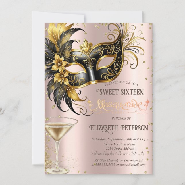 Invitation Masque Diamonds Champagne Or Rose Sweet 16   (Devant)