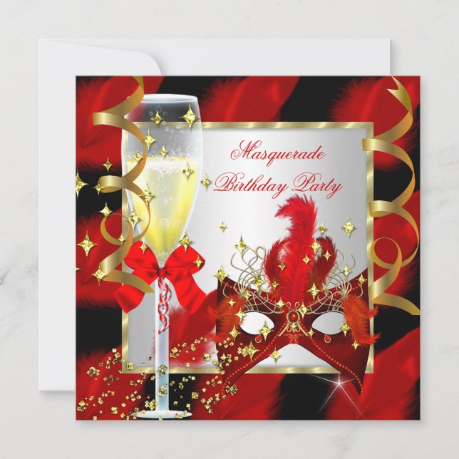 Invitation Masque d'or rouge pour fête d'anniversaire en masq (Devant)