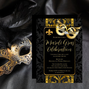 Invitation Masque d'or Vintage Noir Damas Mardi Gras Party