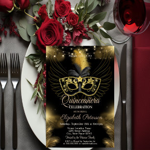 Invitation Masque Doré Diamants Lumineuse Quinceañera Noire