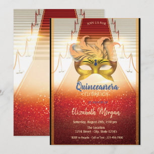 Invitation Masque doré élégant, Quinceanera sur tapis rouge