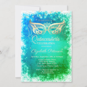 Invitation Masque Doré Flocons de Neige Vert Quinceanera