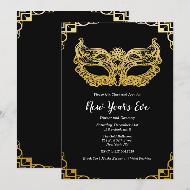 Invitation Masque Doré pour la Fête du Nouvel An (Devant / Derrière)