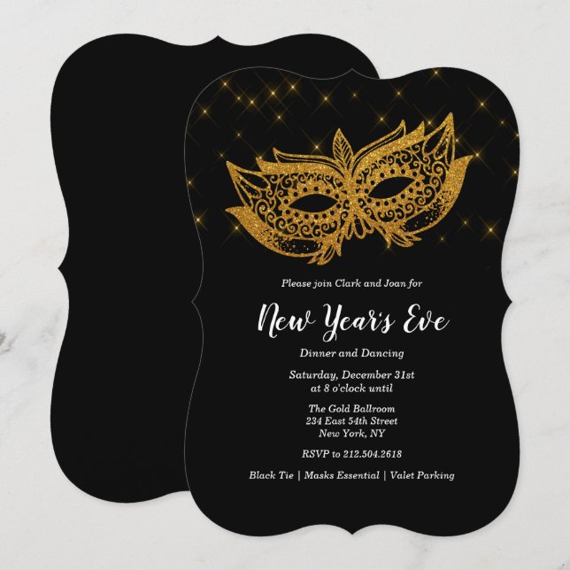 Invitation Masque Doré pour la Fête du Nouvel An (Devant / Derrière)