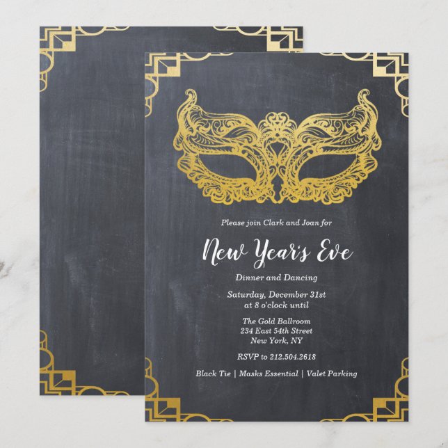Invitation Masque Doré pour la Fête du Nouvel An (Devant / Derrière)