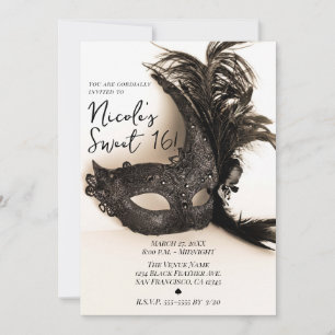 Invitation Masque élégant à plumes noires Tan Sweet 16