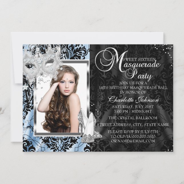 Invitation Masque élégant bleu & talons Mascarade Photo Sweet (Devant)