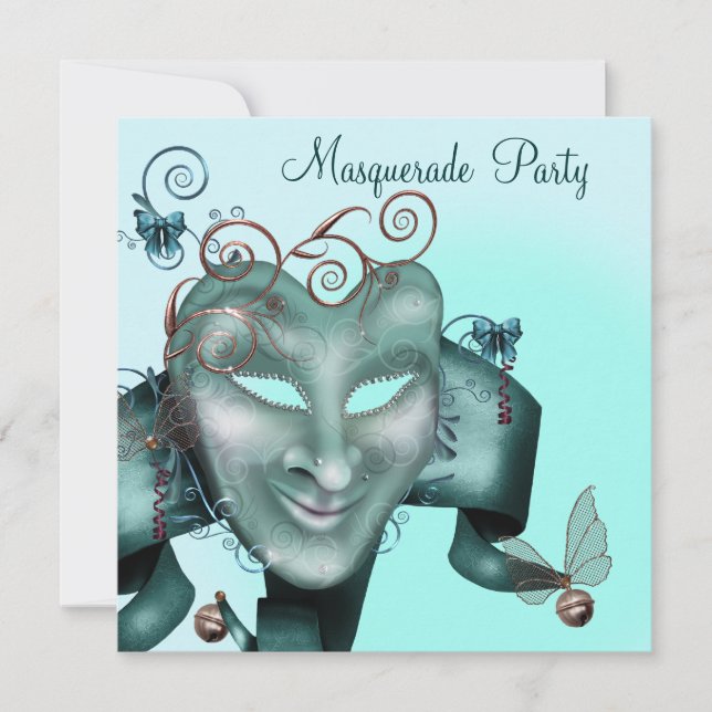 Invitation Masque Élégant Bleu Turquoise Soirée de Mascarade (Devant)