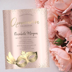 Invitation Masque Élégant, Confettis Rose Gold Quinceañera