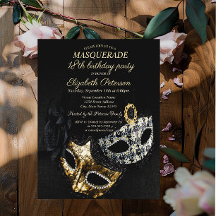 Invitation Masque élégant de bal noir, 18e anniversaire Masqu