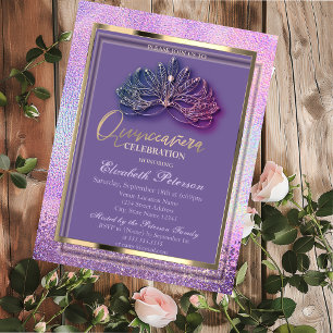 Invitation Masque Élégant Diamants Quinceañera Holographique