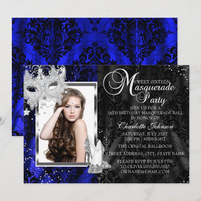 Invitation Masque Élégant & Talons Navy Bal Masqué Sweet 16 (Devant / Derrière)