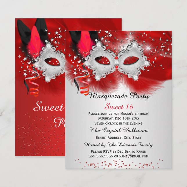 Invitation Masque en dentelle Rouge Argent pour les 16 ans Ma (Devant / Derrière)