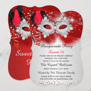 Invitation Masque en dentelle Rouge Argent pour les 16 ans Ma