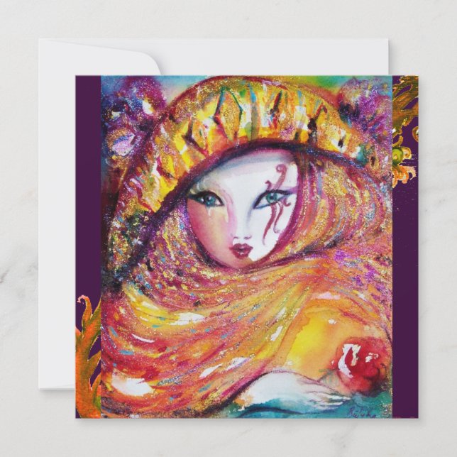 Invitation MASQUE EN JAUNE, MARDI GRAS PARTY champagne métall (Devant)