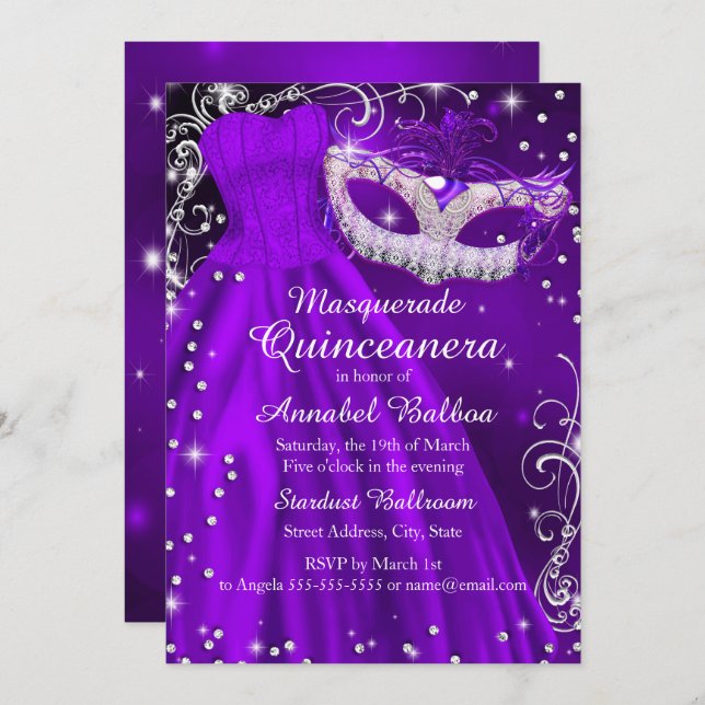 Invitation Masque et robe violet Masquerade Quinceanera Invit (Devant / Derrière)