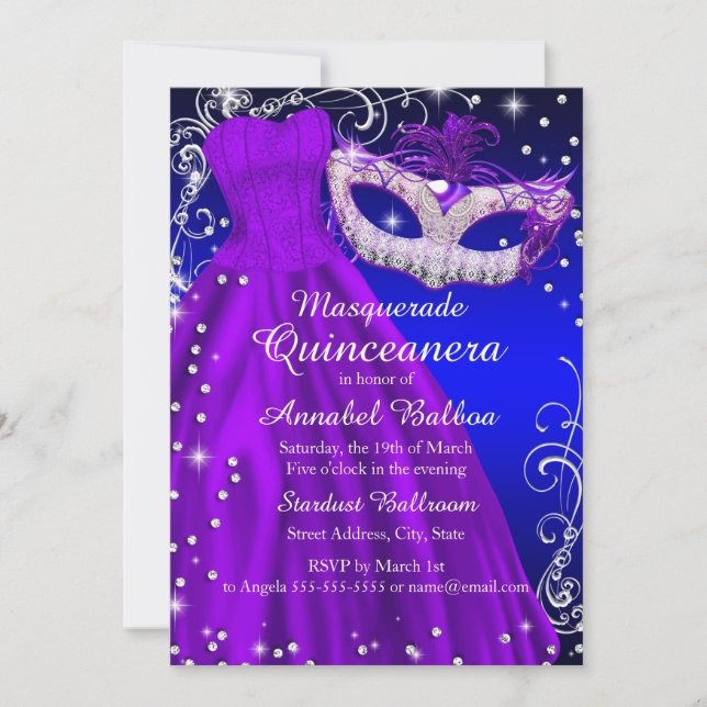Invitation Masque et robe violets et bleus Mascarade Quincean (Devant)