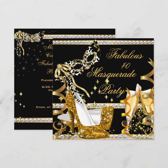Invitation Masque Fabulous 40 Femme Talon Haut Doré (Devant / Derrière)
