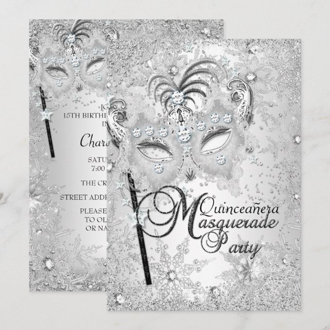 Invitation Masque Flocon de Neige Argenté Quinceanera (Devant / Derrière)