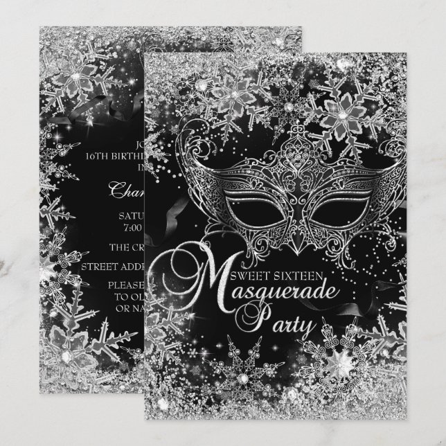 Invitation Masque flocon de neige noir argenté Mascarade Swee (Devant / Derrière)