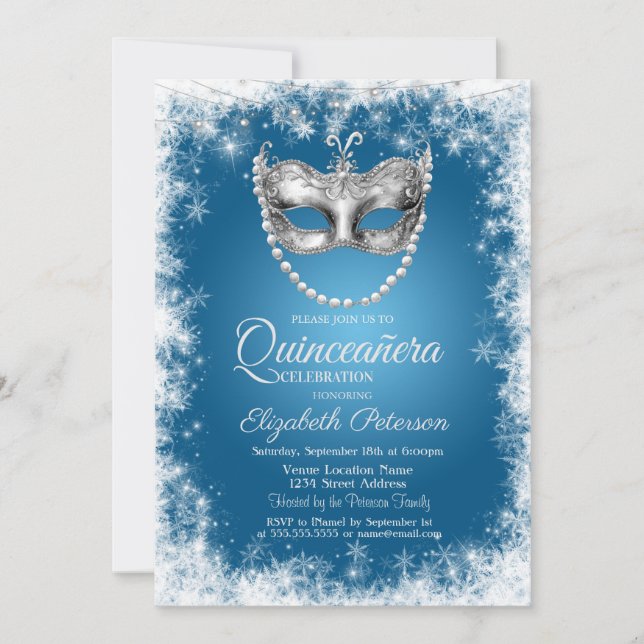 Invitation Masque,Flocons de neige,Invitation pour une Quince (Devant)