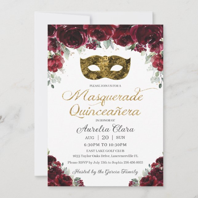 Invitation Masque Floral Bourgogne or Quinceañera (Devant)