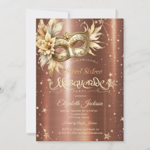 Invitation Masque Floral Doré Étoiles Marron Métallisé Sweet