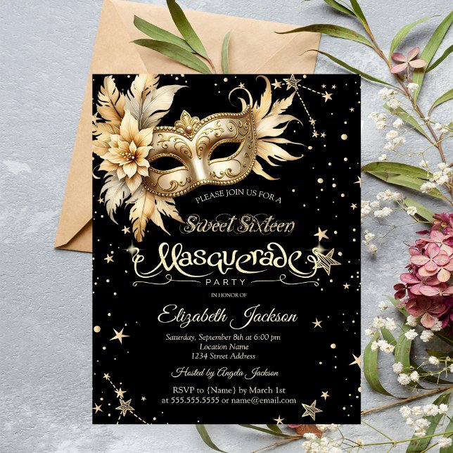 Invitation Masque Floral Doré Étoiles Sweet 16 (Créateur téléchargé)