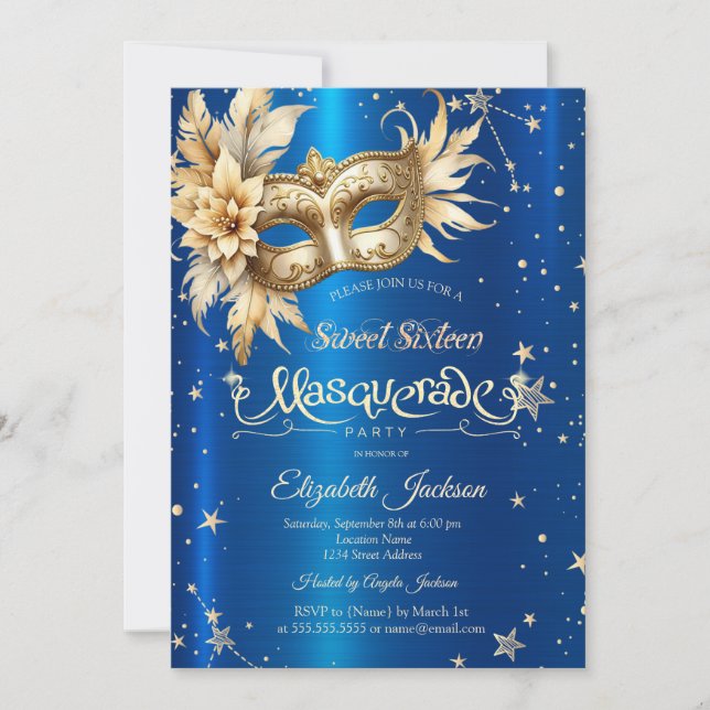 Invitation Masque Floral Or Etoiles Royal Blue Sweet 16 (Devant)
