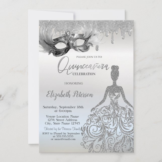 Invitation  Masque Glitter Dress Drips Silver Quinceanera (Devant)