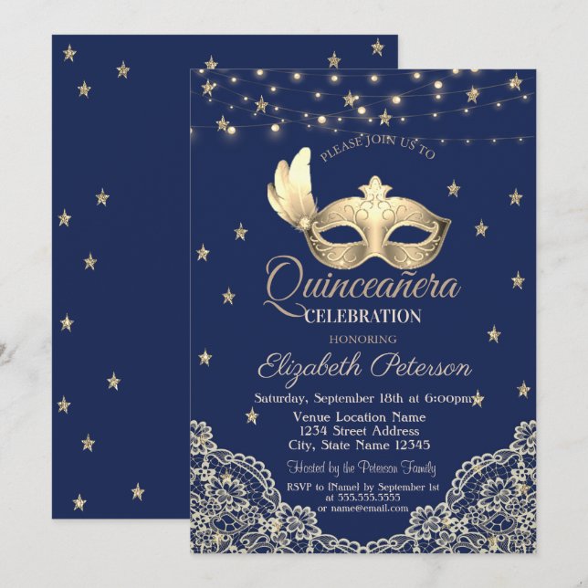 Invitation Masque,Guirlandes,Lace,Étoiles Quinceañera (Devant / Derrière)