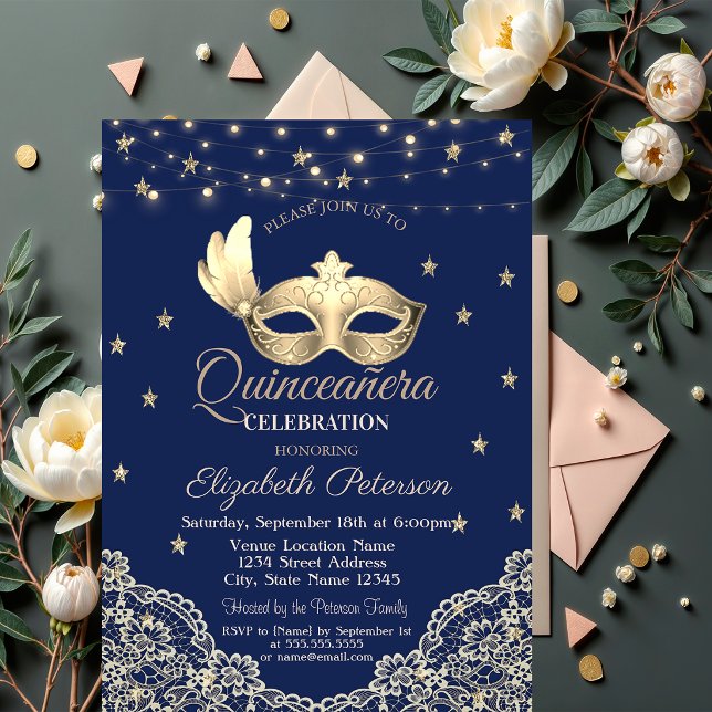 Invitation Masque,Guirlandes,Lace,Étoiles Quinceañera (Créateur téléchargé)