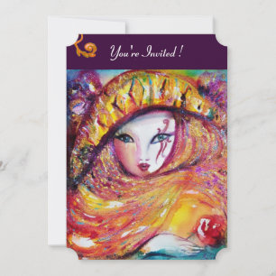 Invitation MASQUE JAUNE, FÊTE DE MARDI GRAS violet rouge pour