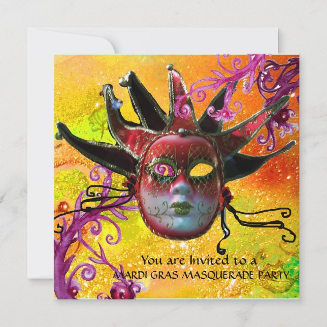 Invitation MASQUE JESTER NOIR ET ROUGE, Fête Masquerade (Devant)