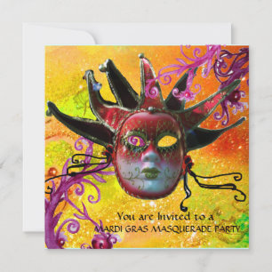 Invitation MASQUE JESTER NOIR ET ROUGE, Fête Masquerade