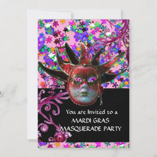 Invitation MASQUE JESTER ROUGE NOIR, Fête Mascarade, Noir