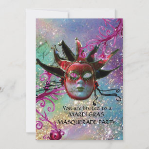 Invitation MASQUE JESTER ROUGE NOIR, Masquerade Party Blue